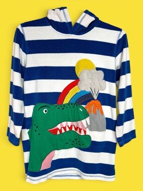 Mini Boden Swim Hoodie Coverup 9-10yr Dinosaur Striped Terrycloth Toweling Beach
